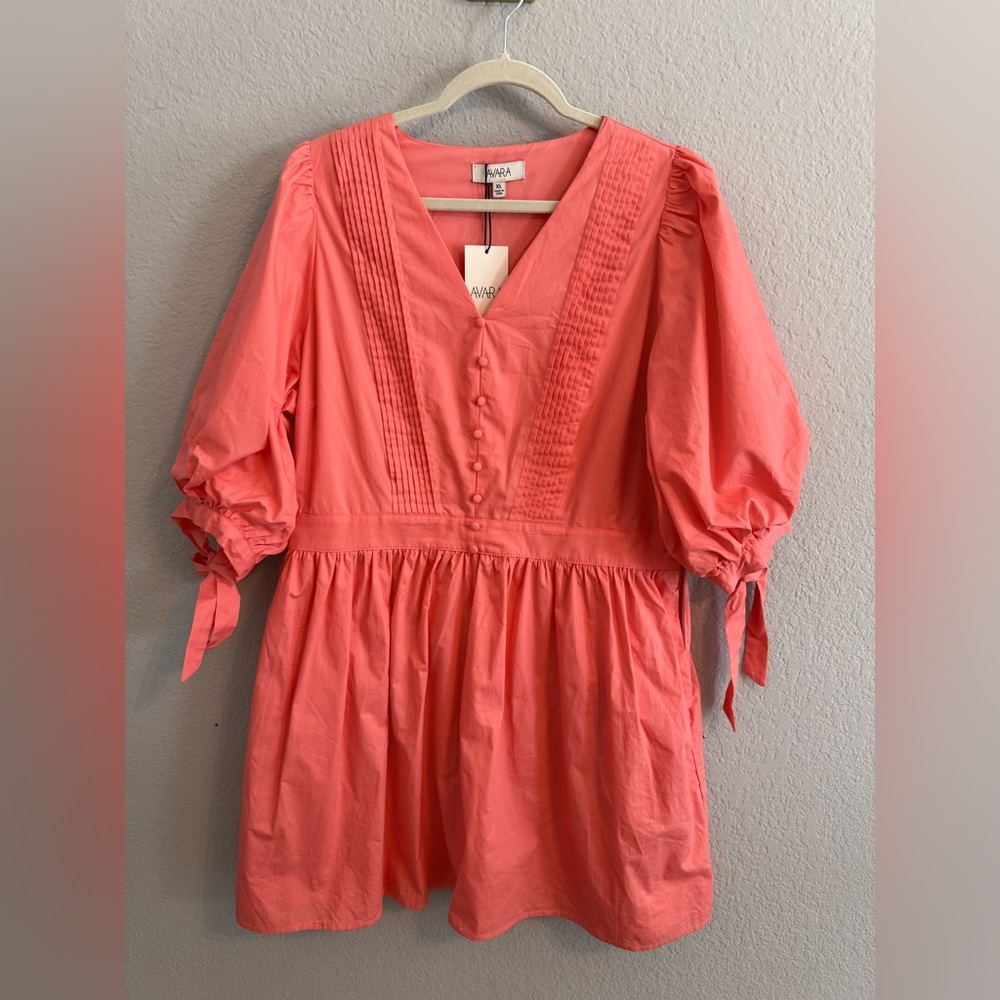 Avara Coral Pink Puff Sleeve Mini Dress XL NWT